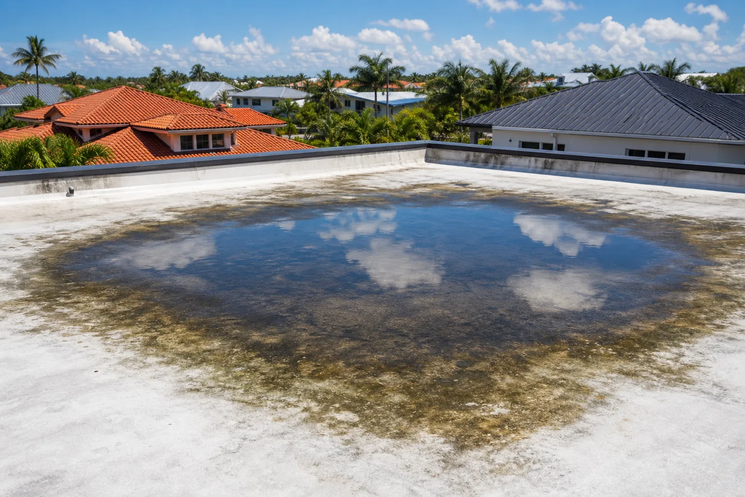 Flat rooftop with large pool of standing water reflecting sky, surrounded by weathered white membrane; palm trees and homes visible.