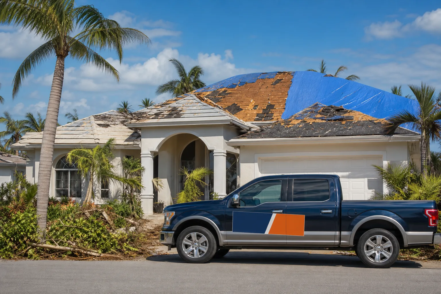 Blue pickup truck with blank orange logo panel parked in front of a storm-damaged Florida home with tarp-covered roof and downed palm debris