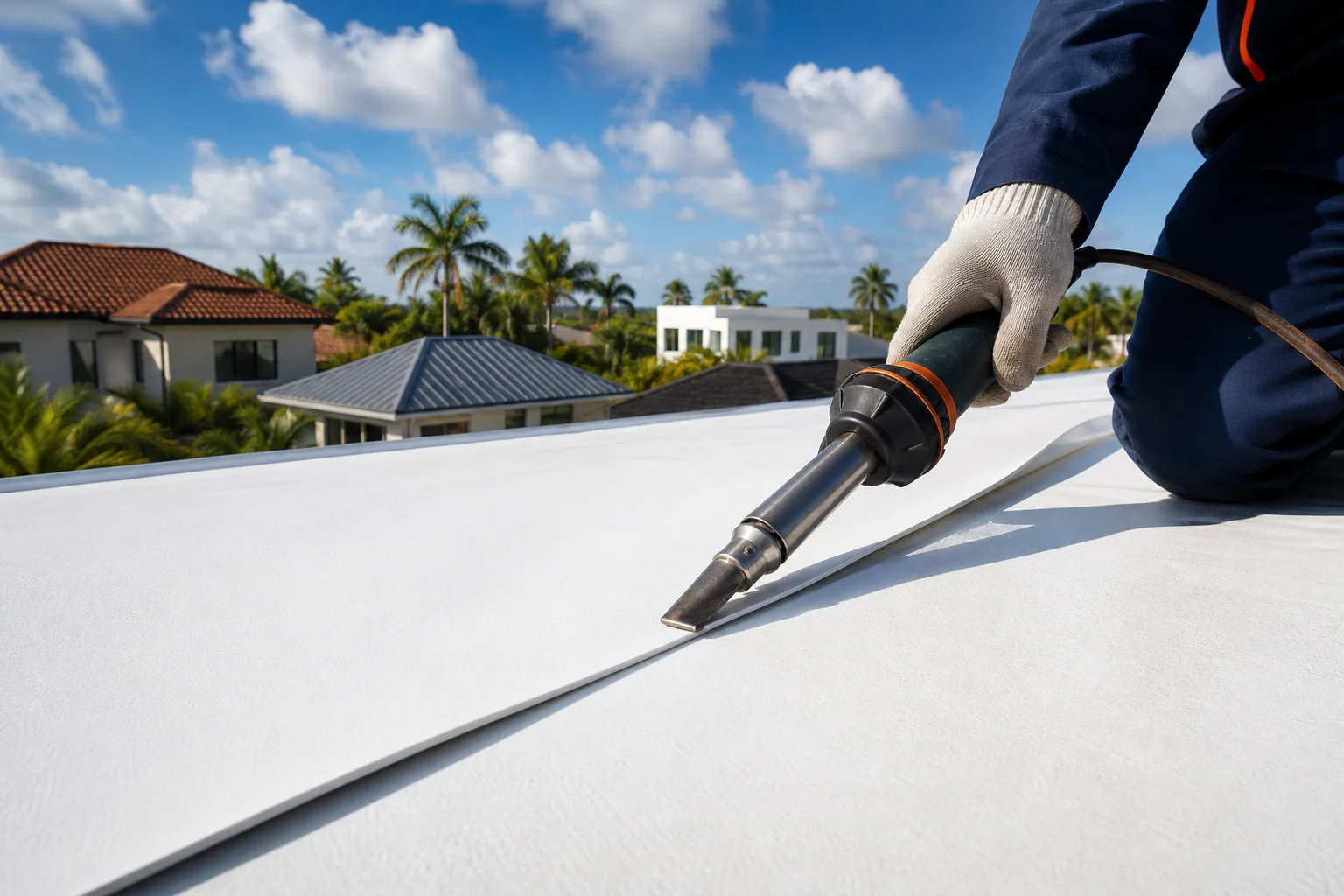 Gloved roofer uses hot-air welding gun to seam white TPO membrane on flat rooftop, tropical neighborhood in background.
