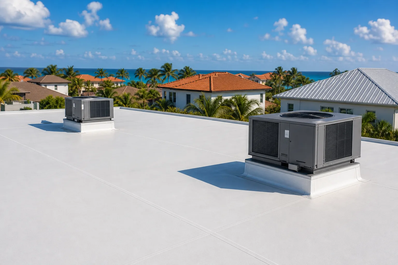 White TPO flat roof with heat-welded seams and two rooftop HVAC units, palm trees and ocean visible in background
