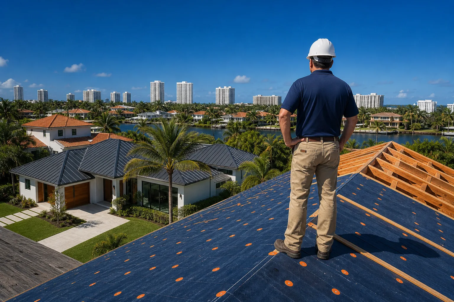 Construction worker in white hard hat and navy shirt stands on blue roofing underlayment with orange fasteners, overlooking Florida waterfront neighbo