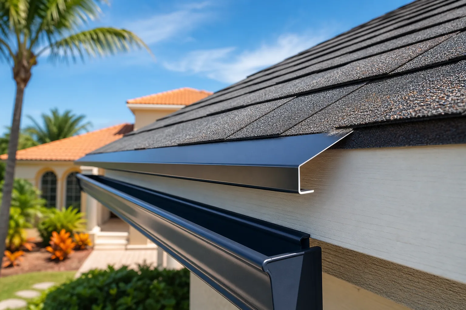 Close-up of a dark metal drip edge installed along a roof eave over black asphalt shingles, with a tropical home in background.