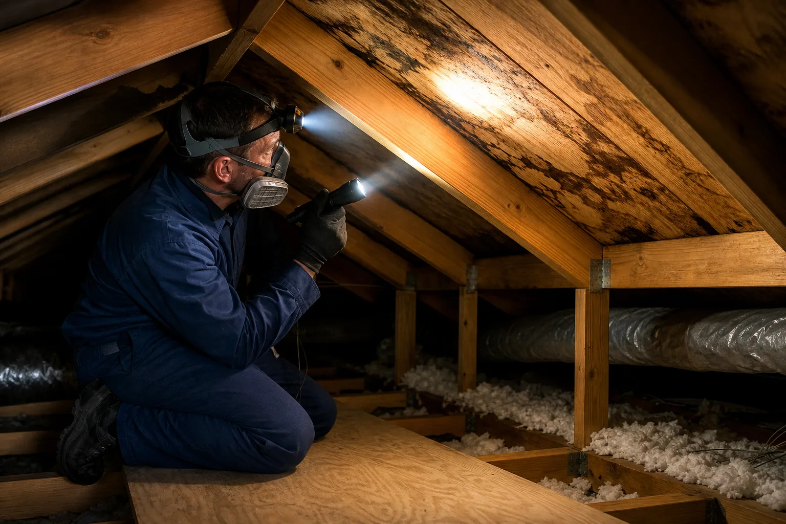 Inspector in respirator and headlamp kneels in dark attic, shining flashlight at mold-covered roof sheathing and rafters.