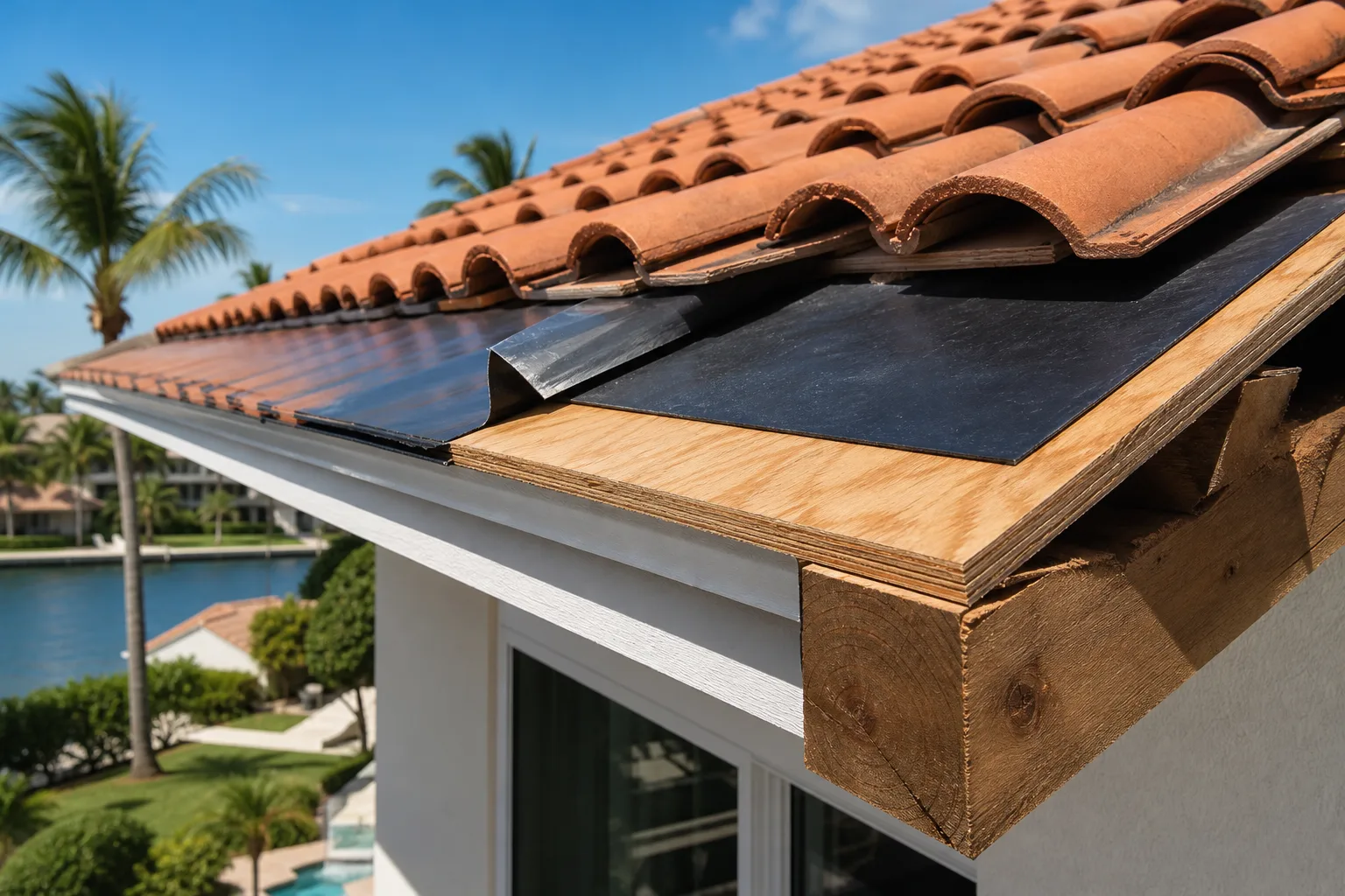 Close-up of roof edge showing clay tiles partially removed, revealing black peel-and-stick underlayment over plywood decking.