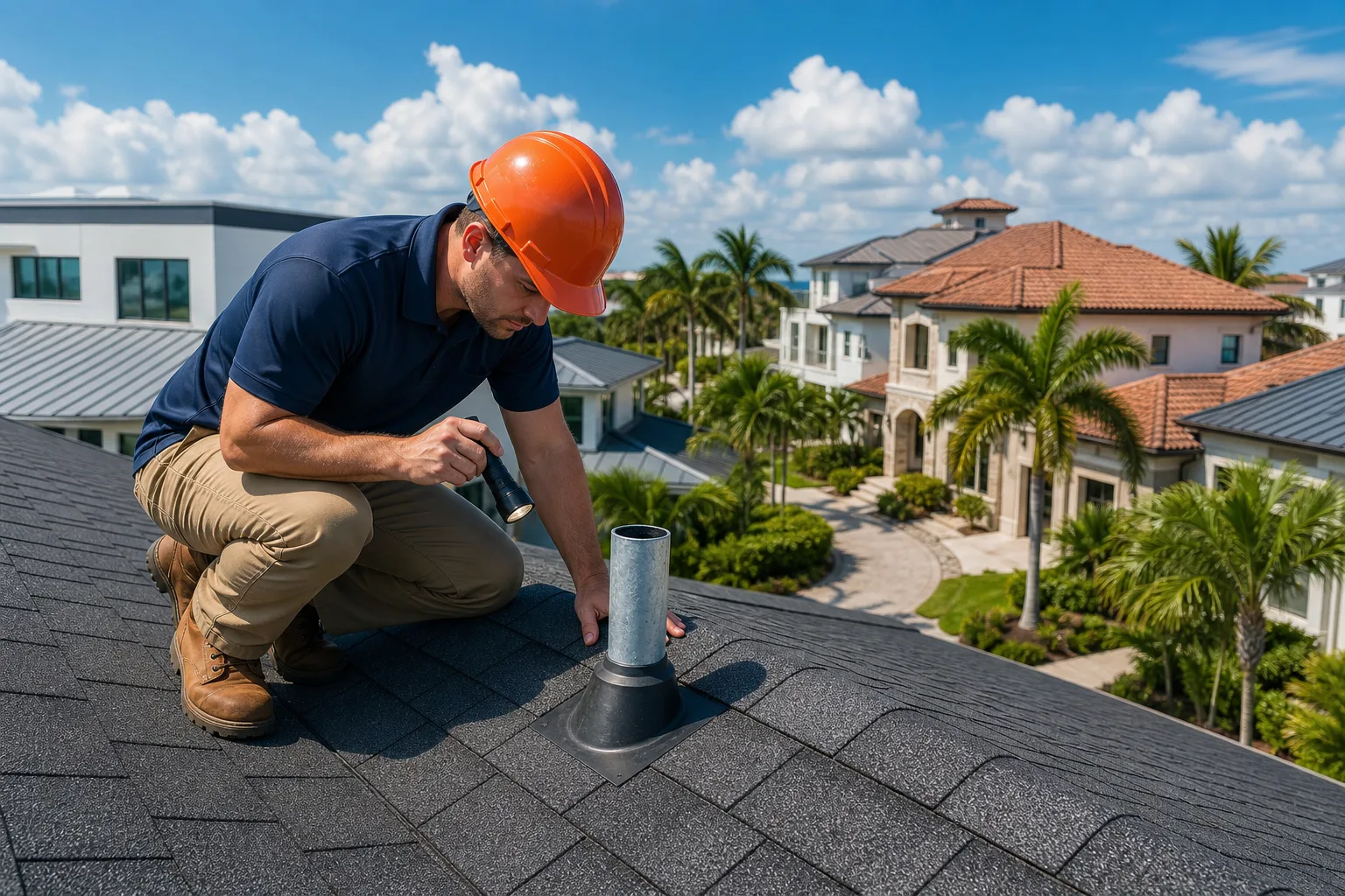 Roofer in orange hard hat and work boots kneels on dark asphalt shingle roof, inspecting metal pipe boot with flashlight.