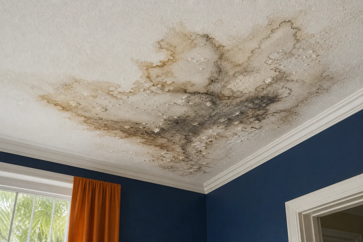 Water-damaged ceiling with brown stains, dark mold patches, and bubbling peeling paint above a blue-walled room with orange curtains.