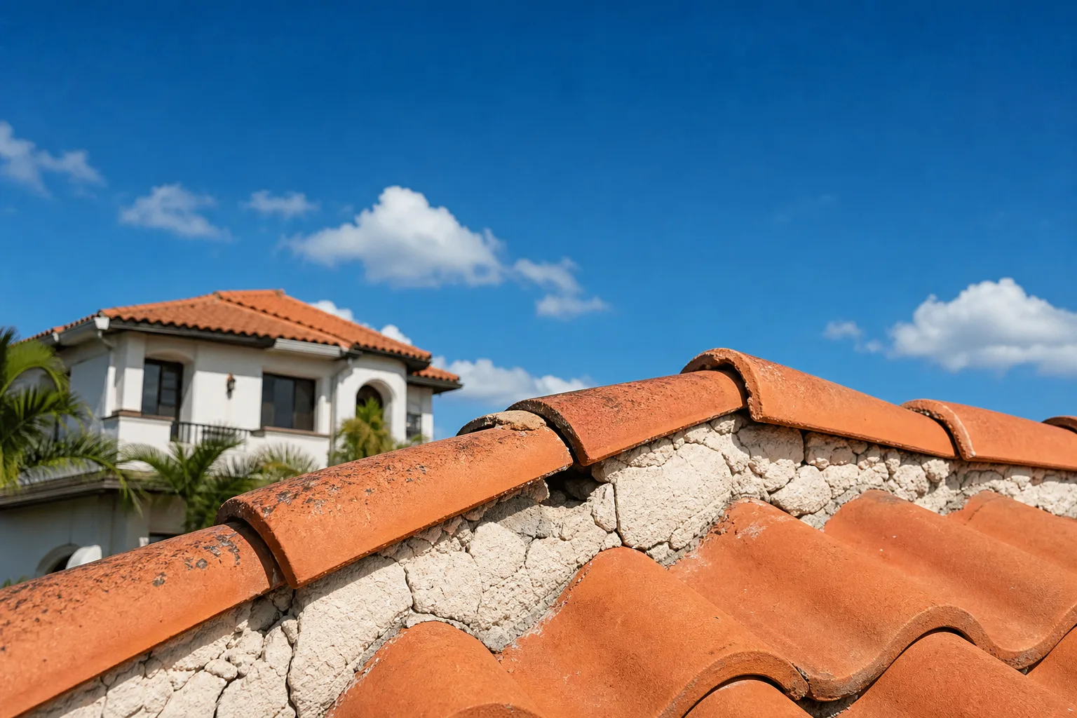 Close-up of clay tile roof ridge with crumbling, cracked white mortar; Mediterranean-style house visible in background.