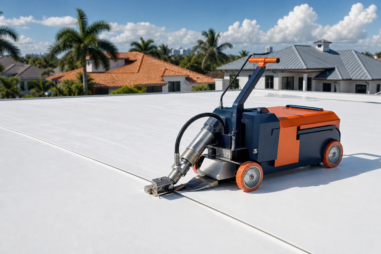 Orange-and-blue automated hot-air welding machine seaming white TPO membrane sheets on a flat roof, Florida suburbs in background.