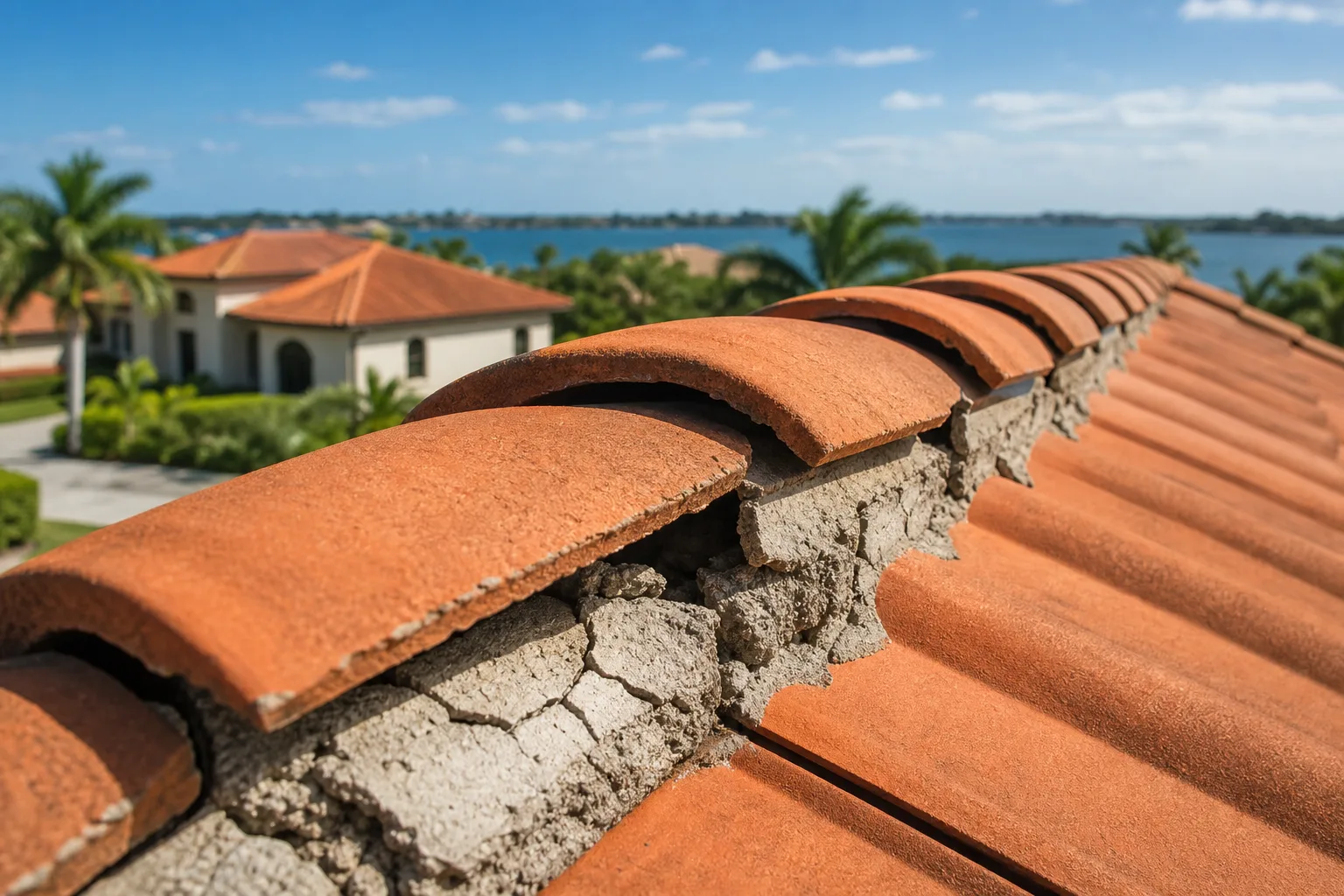 Close-up of cracked, crumbling mortar beneath barrel tile ridge caps on a Florida roof, with waterfront homes and palms behind.