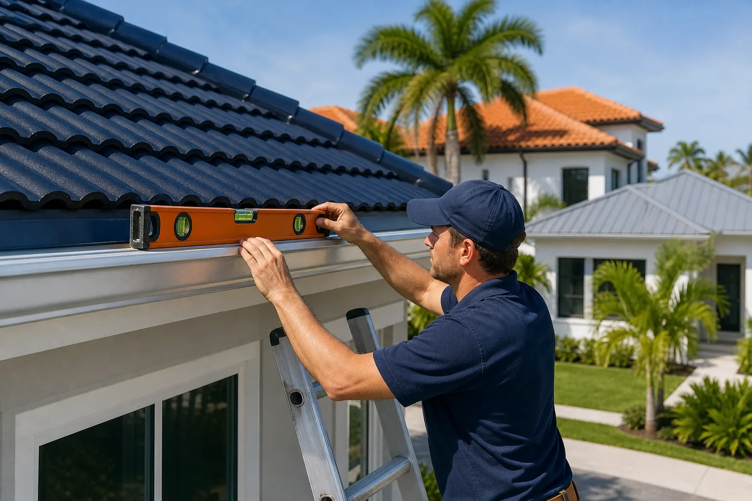 Contractor on aluminum ladder using orange spirit level to check slope of white gutter along navy tile roof fascia.