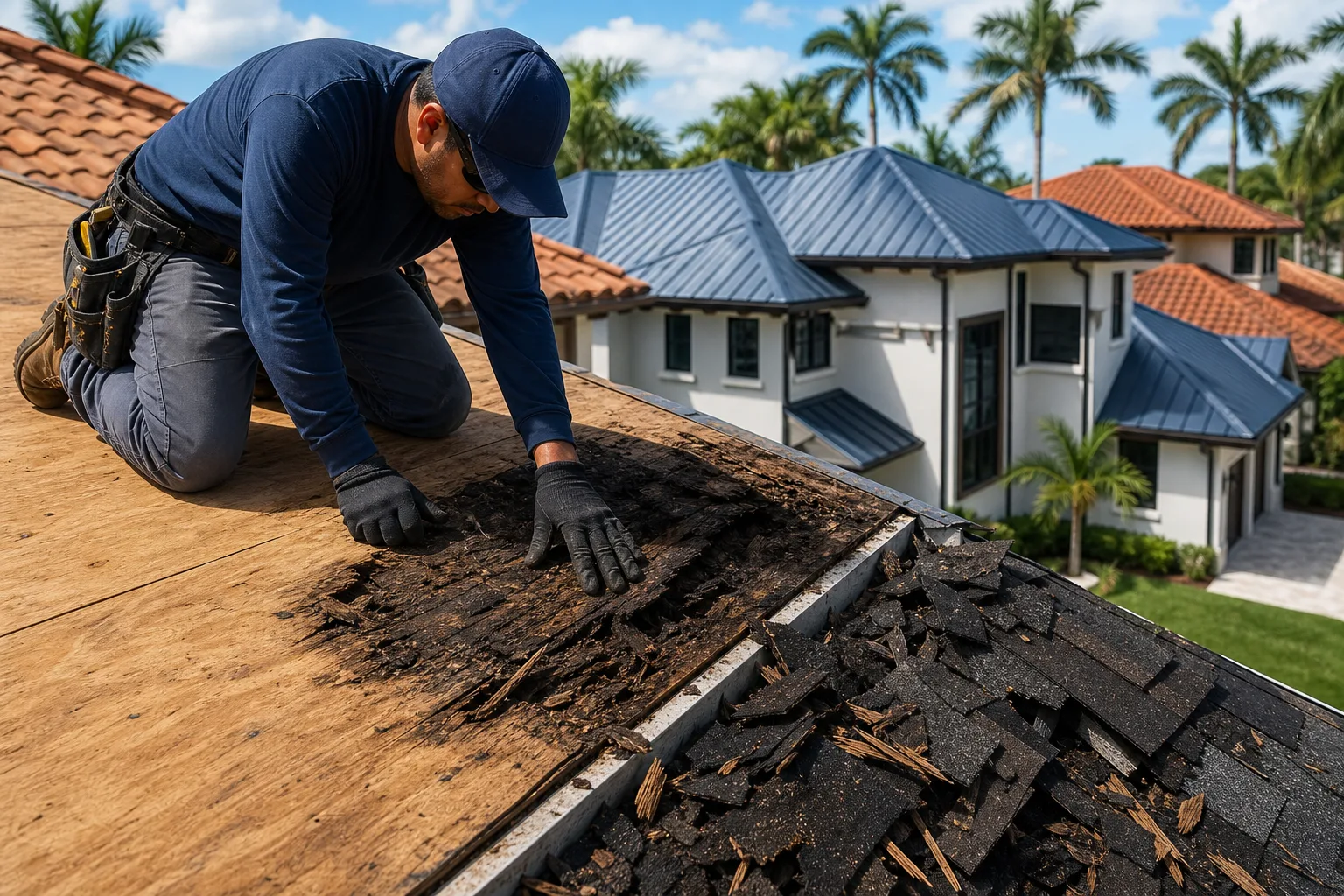 Roofer in gloves kneels on plywood deck examining darkened rotted shingles, luxury Florida homes with palm trees in background.