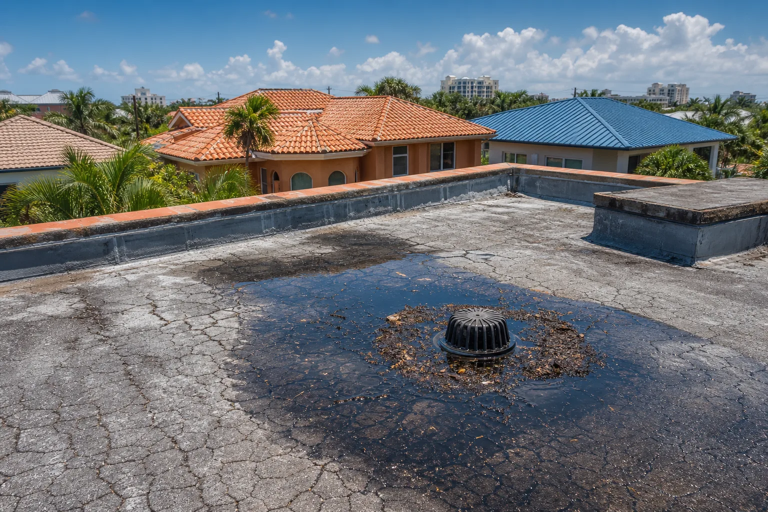 Weathered flat rooftop with cracked surface, pooled water, and debris-clogged dome drain; Mediterranean-style buildings behind.