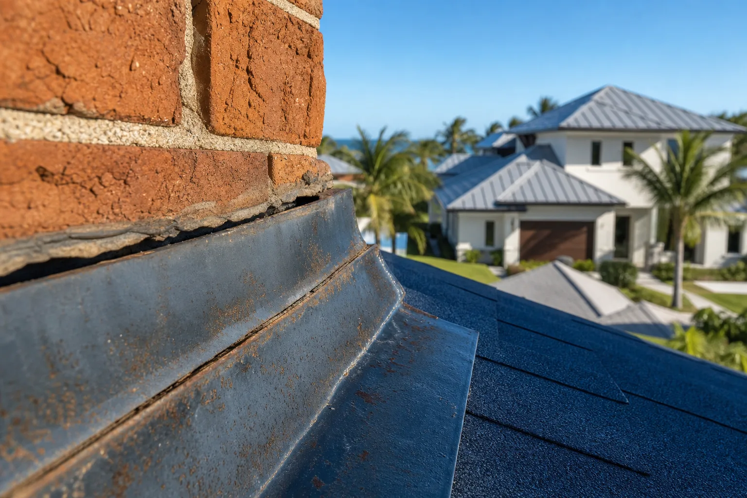 Close-up of corroded metal step flashing separating from a brick chimney on a shingle roof, with a coastal home visible behind.