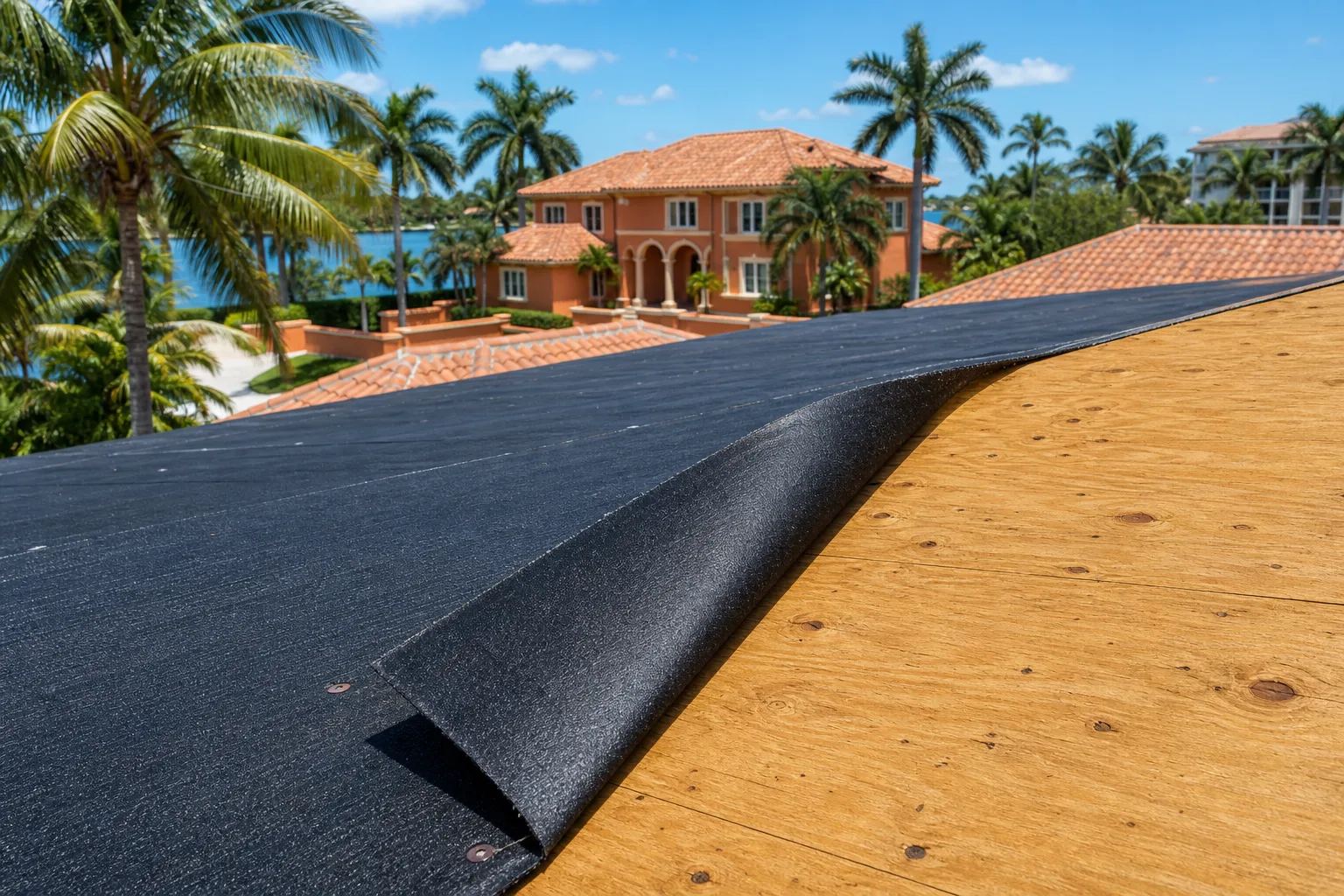 Close-up of black self-adhered underlayment membrane peeling back from plywood roof deck, luxury Florida waterfront home behind