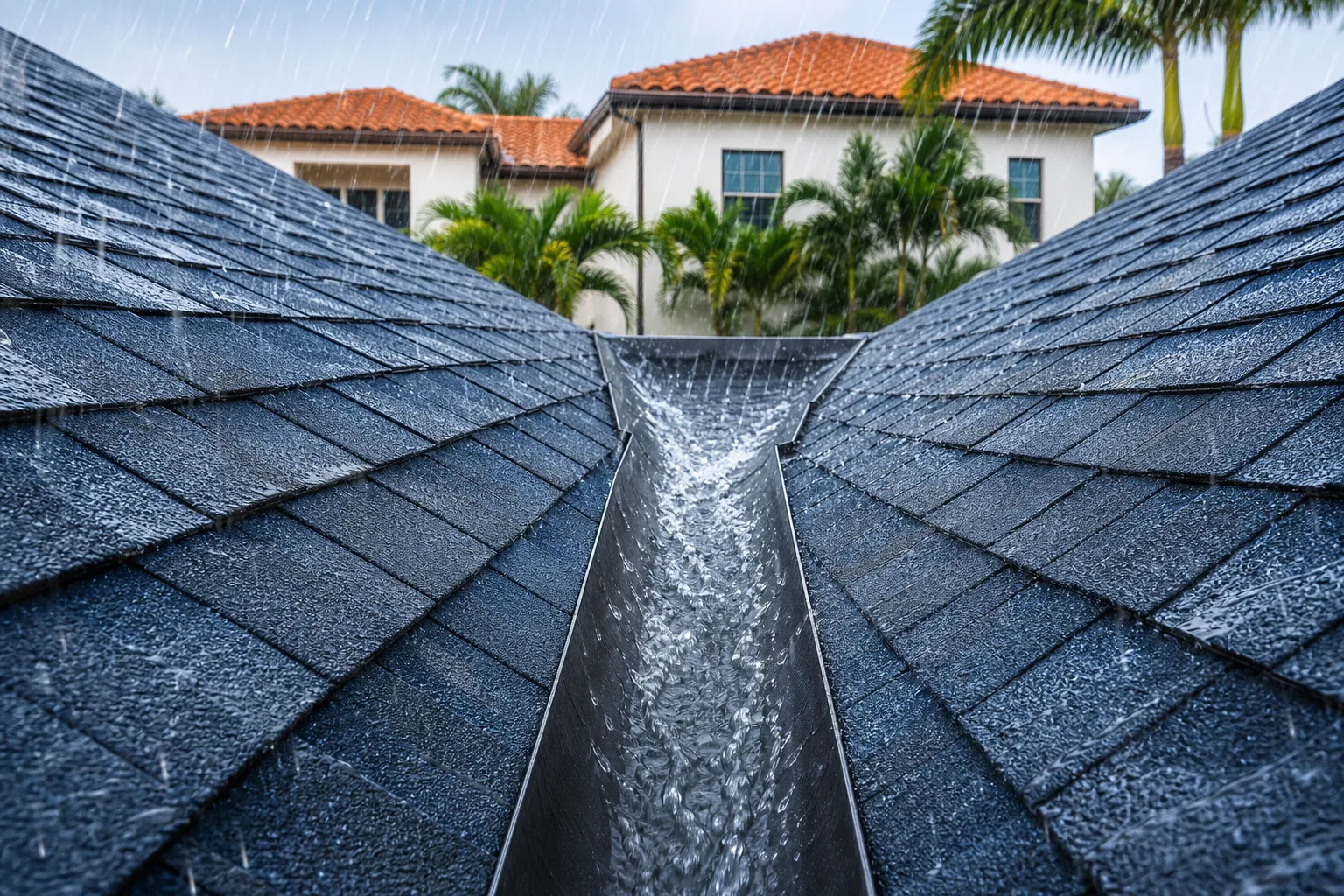 Close-up of a dark asphalt shingle roof valley with rainwater streaming down the metal flashing during heavy rain.