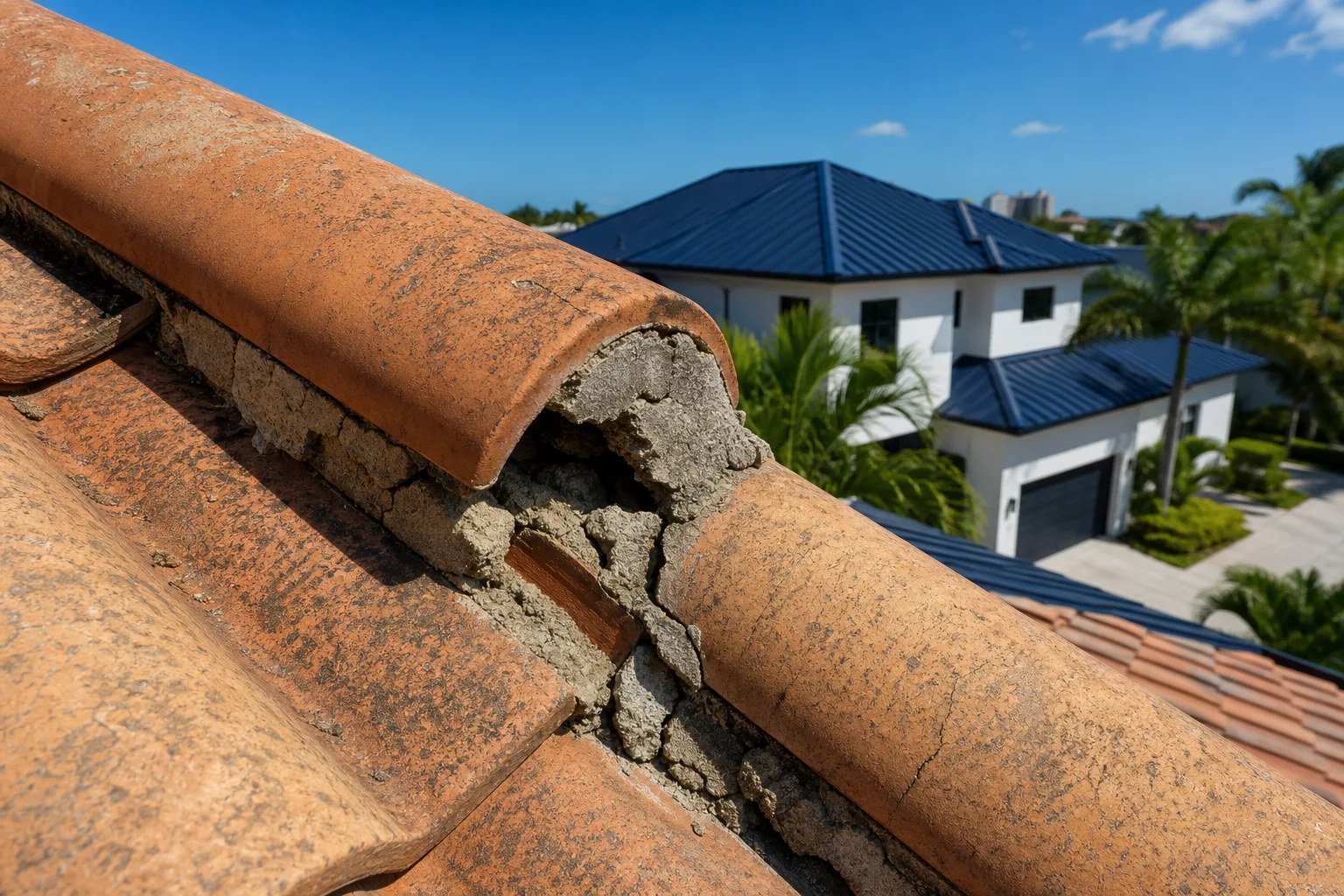 Close-up of cracked, crumbling mortar beneath a clay ridge tile on a weathered South Florida roof, modern house visible behind.