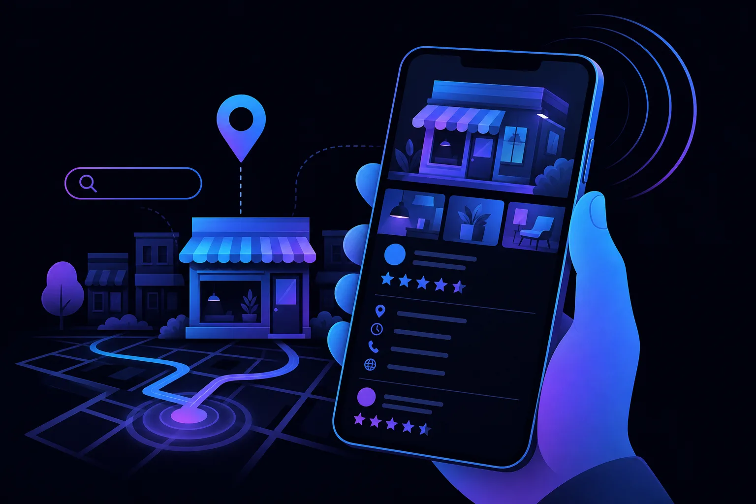 Illustrated hand holding smartphone showing a local business listing with photos, star ratings, and info icons on a dark map background