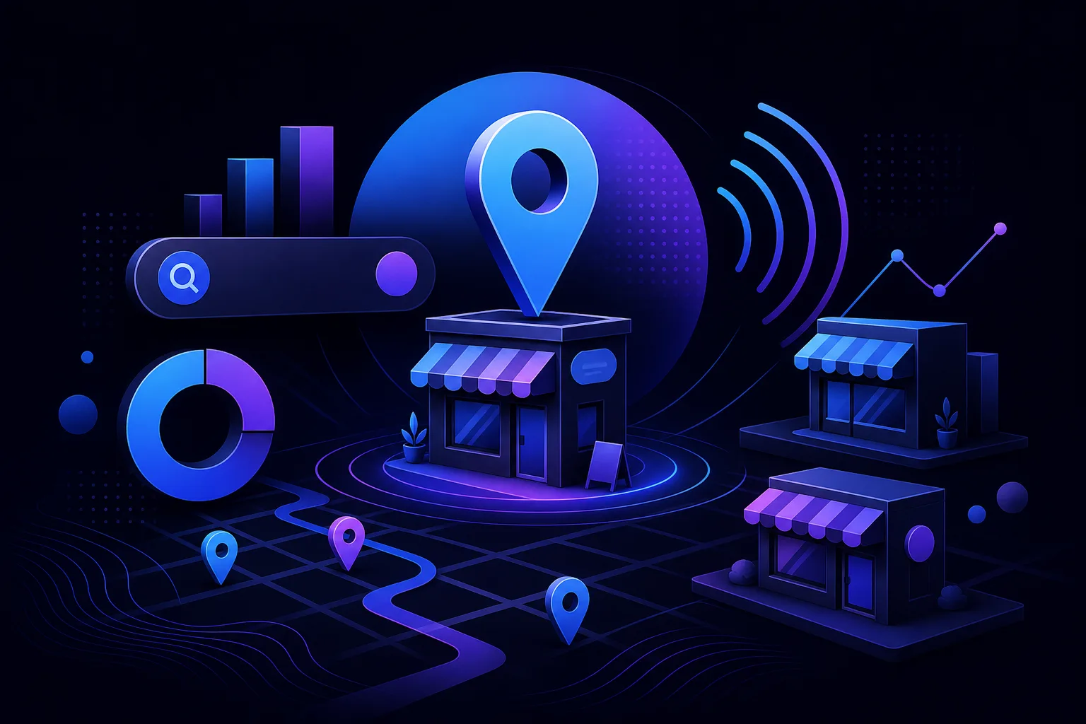 Dark-themed 3D illustration of storefronts with map pin, search bar, pie chart, bar graph, and location markers on a grid map.