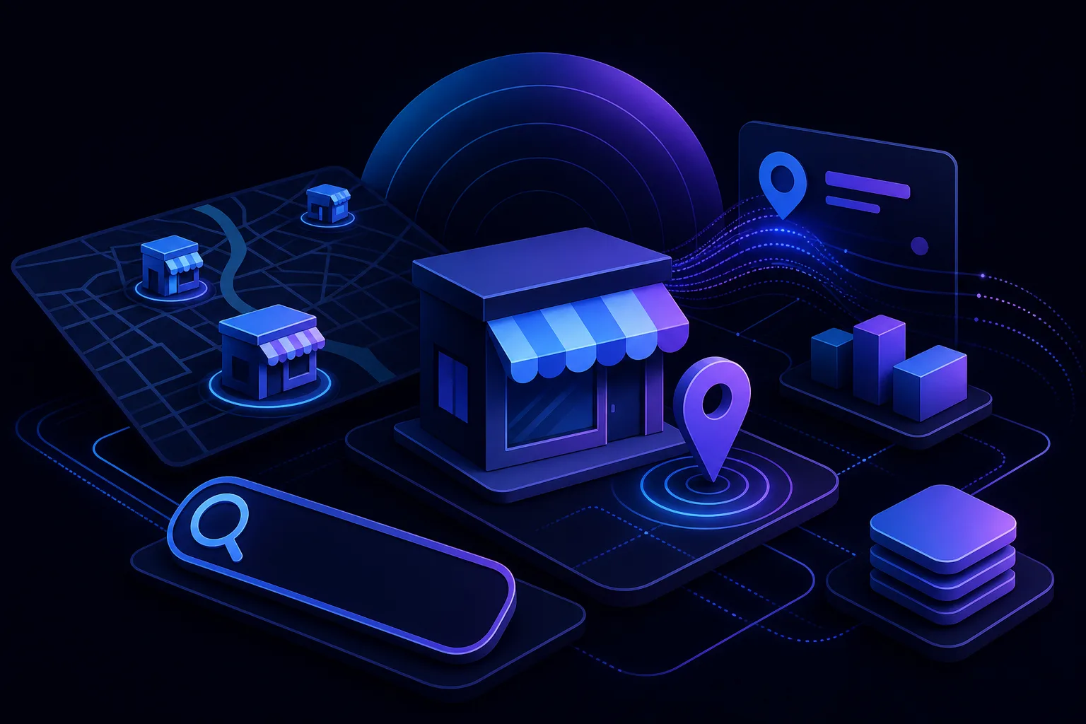 Isometric dark-blue illustration of a retail storefront with map pins, search bar, analytics chart, and location data UI elements.