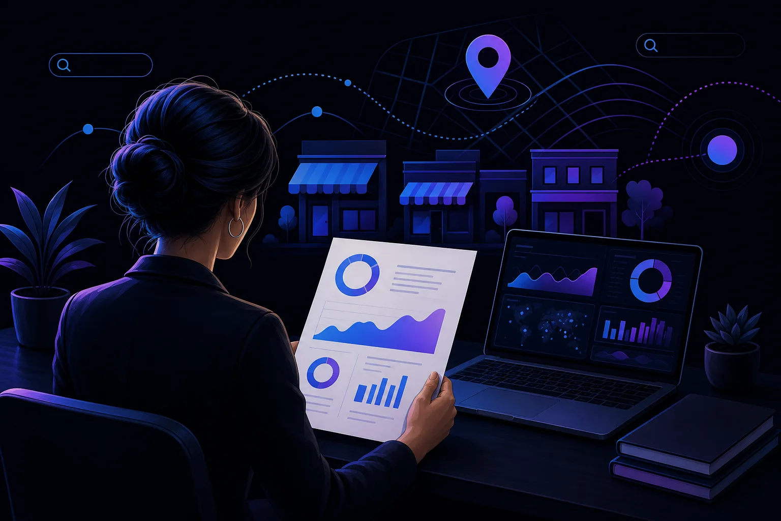 Woman seen from behind at desk holding a data report, laptop open beside her, dark blue digital cityscape background