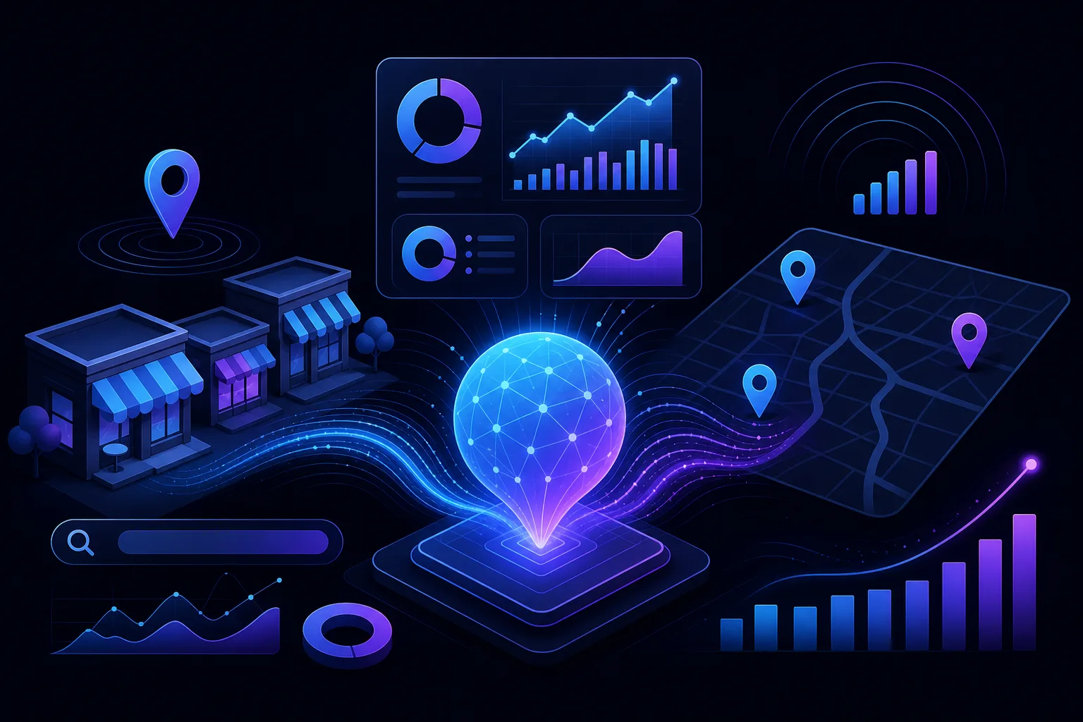 Dark-themed isometric illustration showing a glowing map pin, analytics dashboards, store fronts, maps, and growth charts in blue and purple.