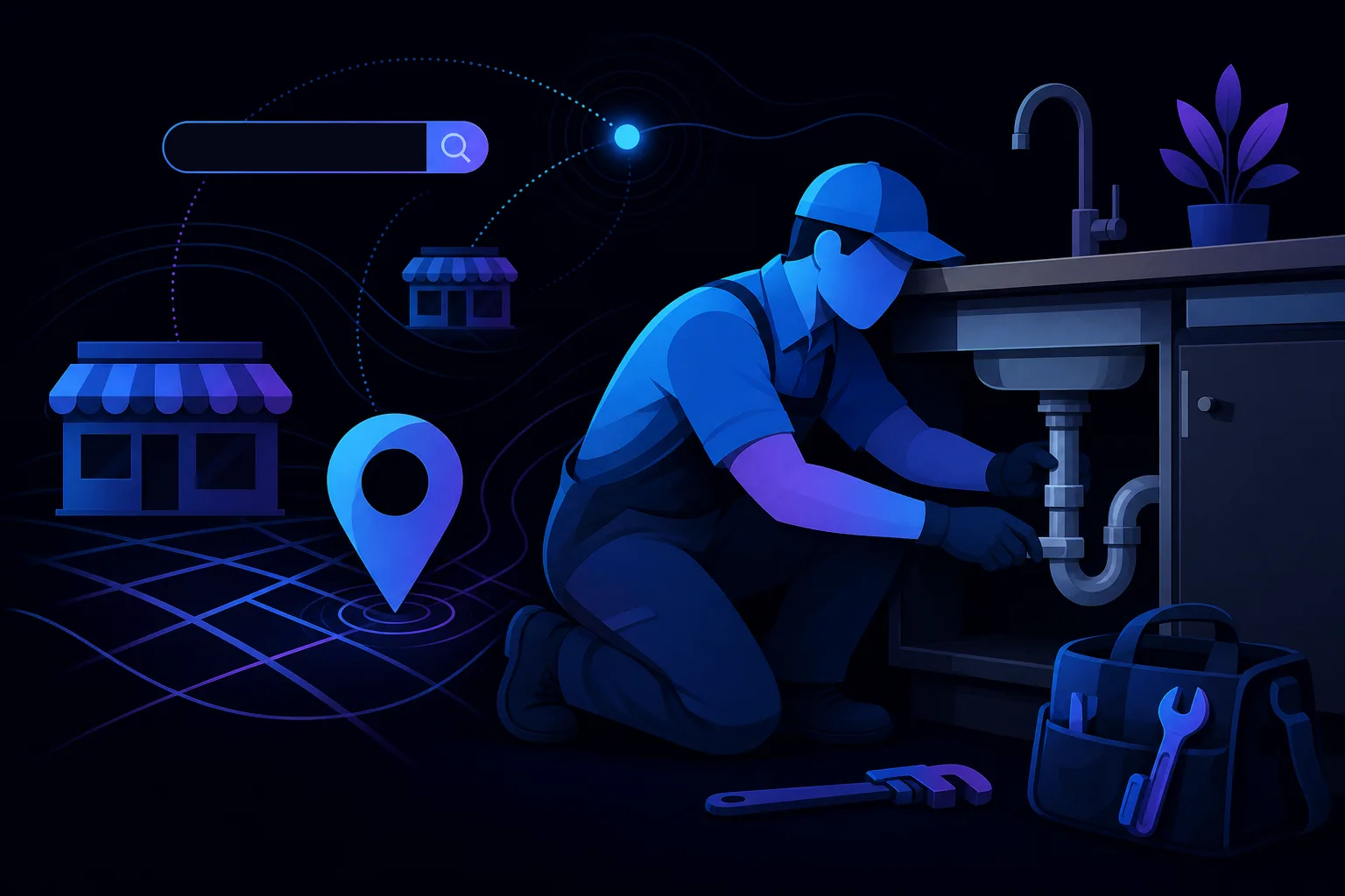 Illustrated plumber in blue uniform kneeling under a kitchen sink repairing pipes, with local search icons in background.