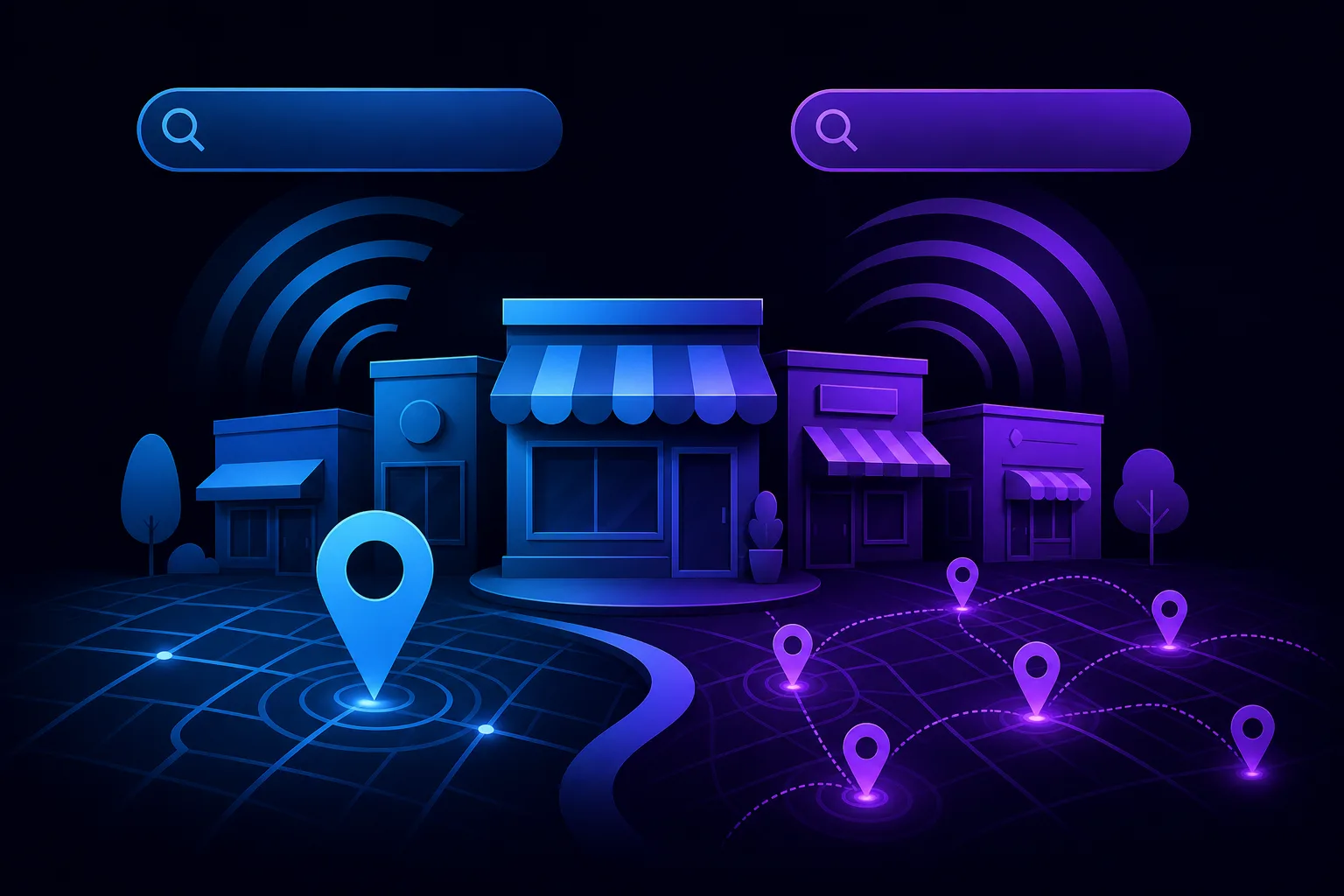 Futuristic neon illustration of storefronts on a digital map grid with location pins and two empty search bars above.