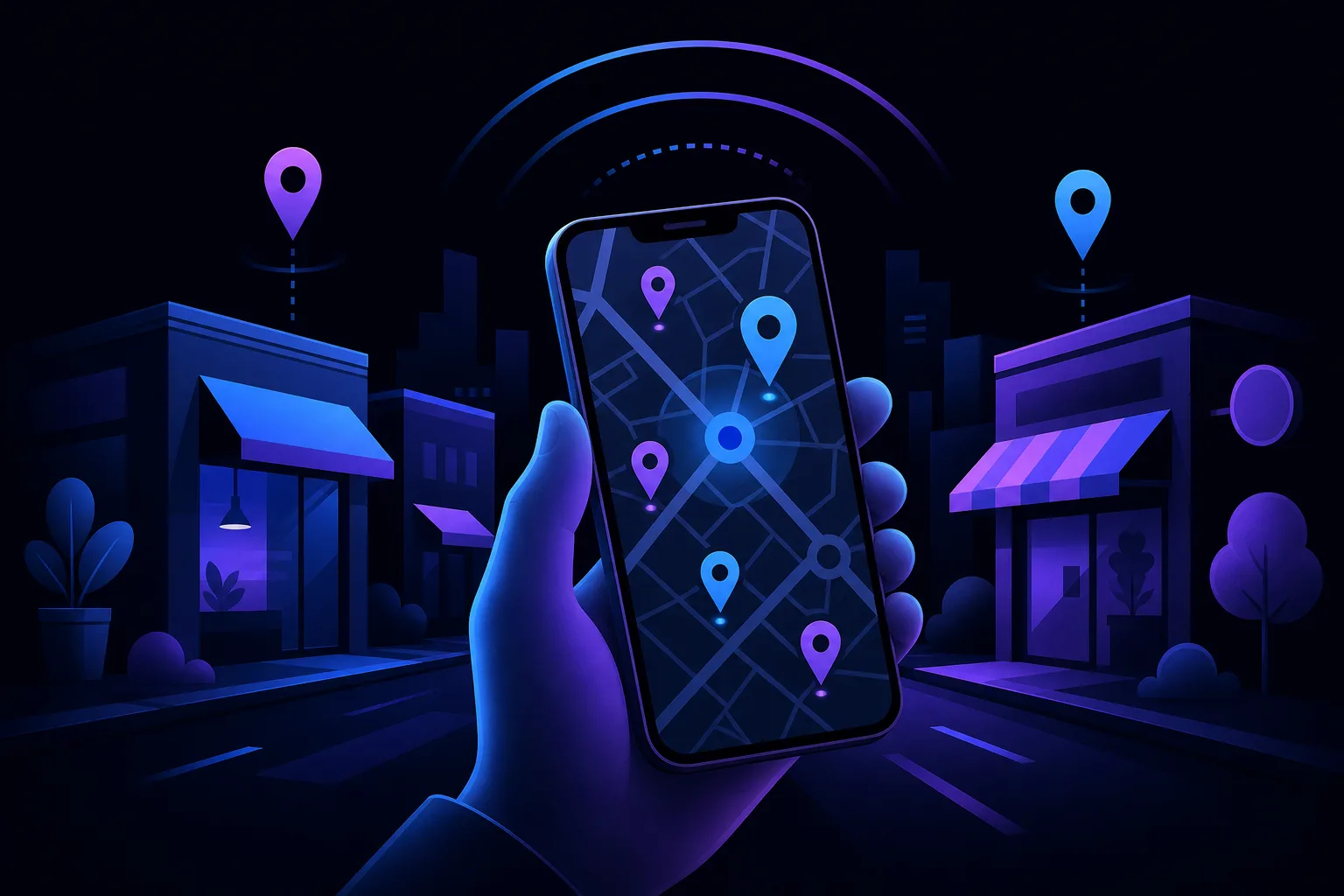 Hand holding smartphone displaying dark-mode map with location pins, urban storefronts glowing in blue-purple neon background
