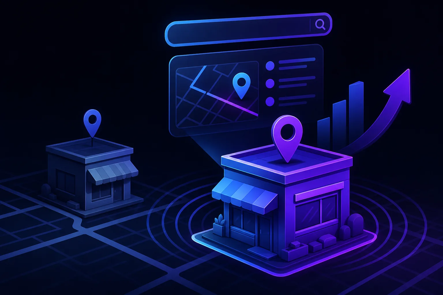 Two stylized storefronts on a dark grid map; one glows purple with a location pin, bar chart, and upward arrow indicating growth.