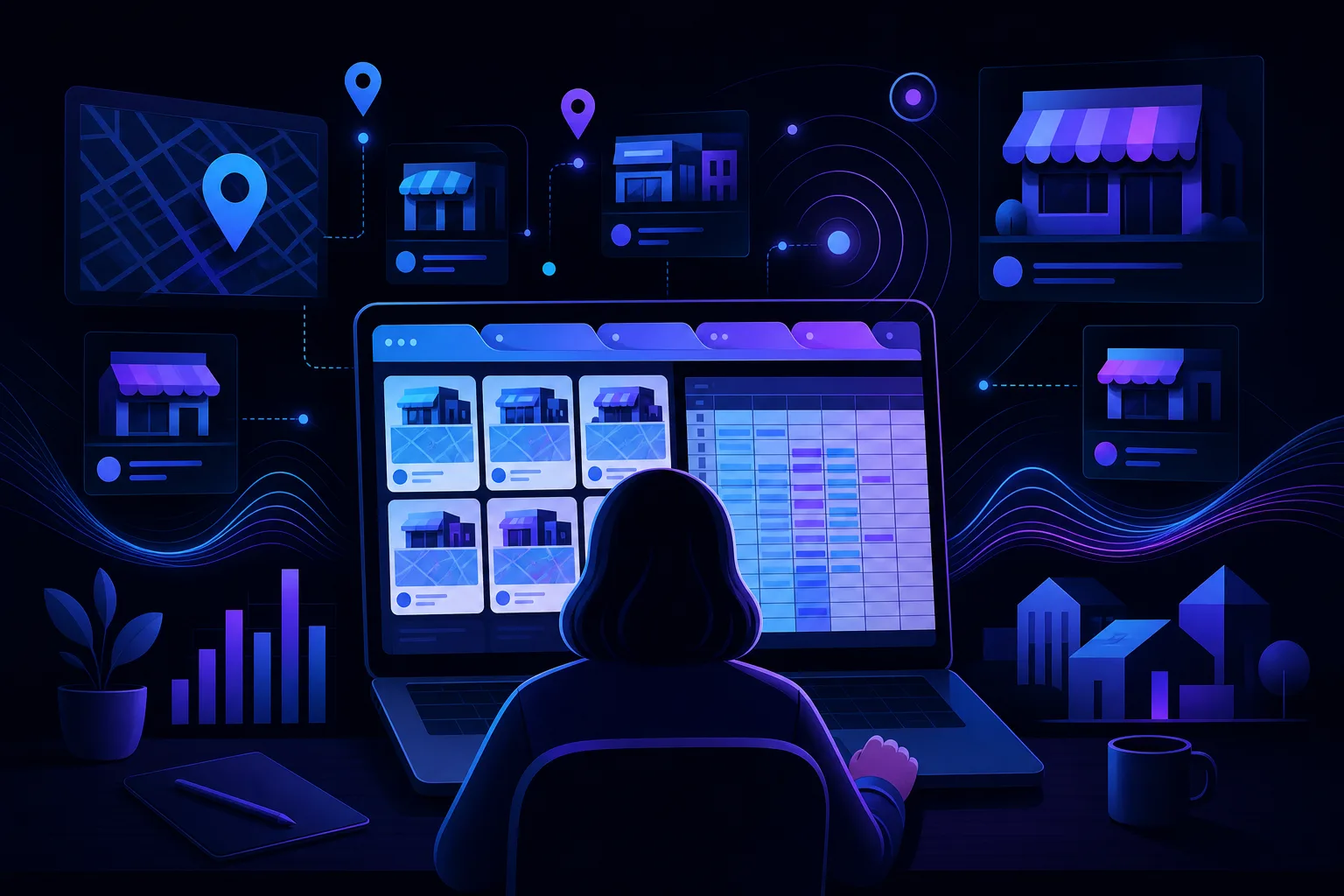 Person viewed from behind working at laptop showing business listings and data table, surrounded by map pins and storefront icons