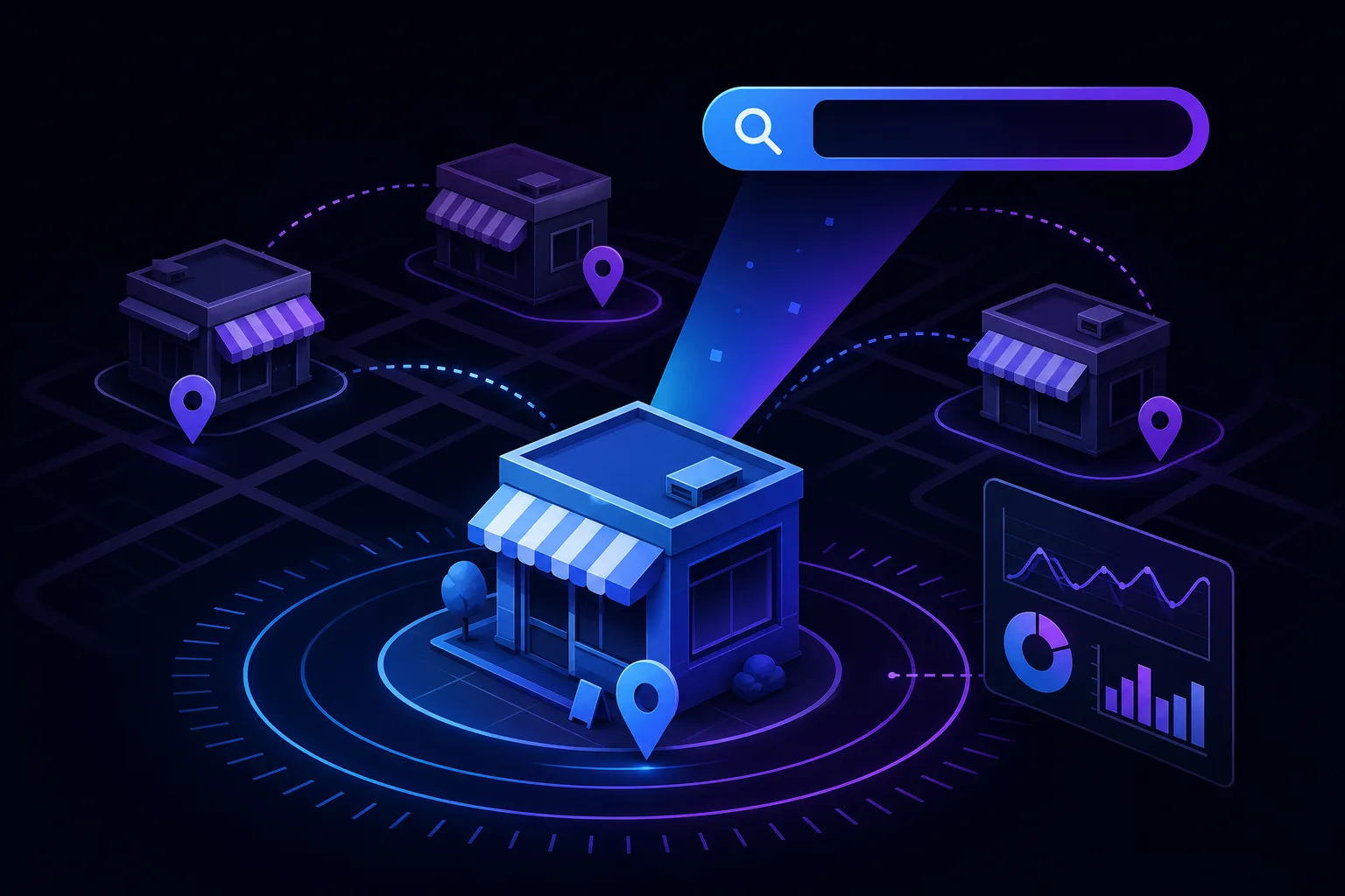 Isometric dark-theme illustration of a glowing storefront highlighted by a search bar beam, surrounded by competitor stores on a map grid with analyti