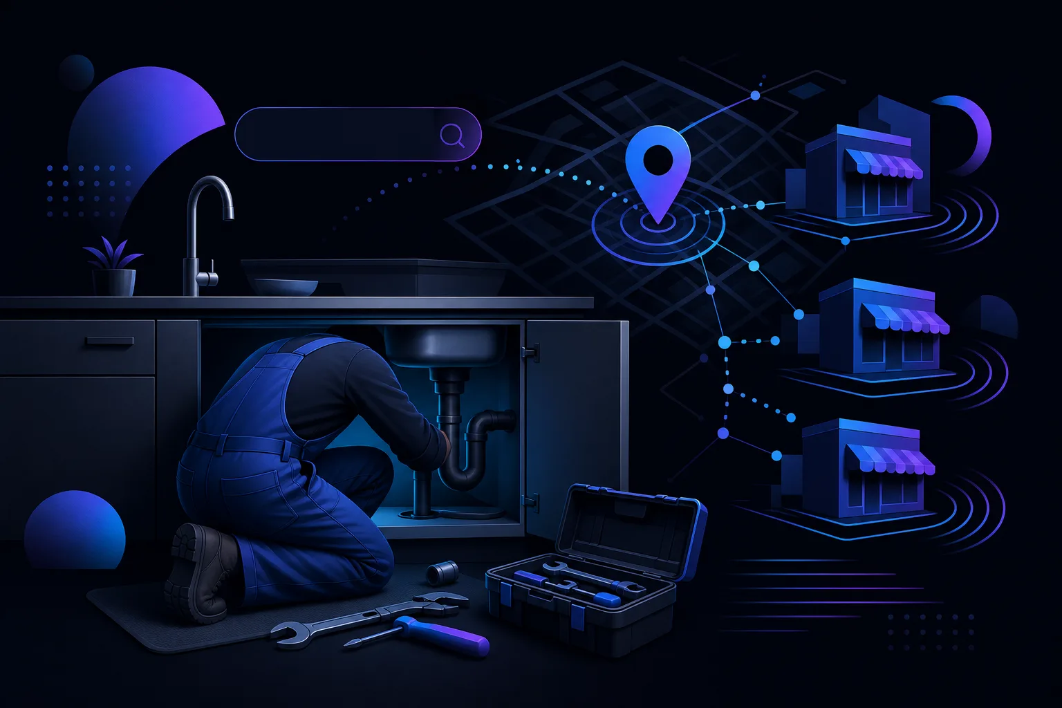 Plumber in blue work clothes crouching under kitchen sink with toolbox and wrenches on floor, digital map overlay in background