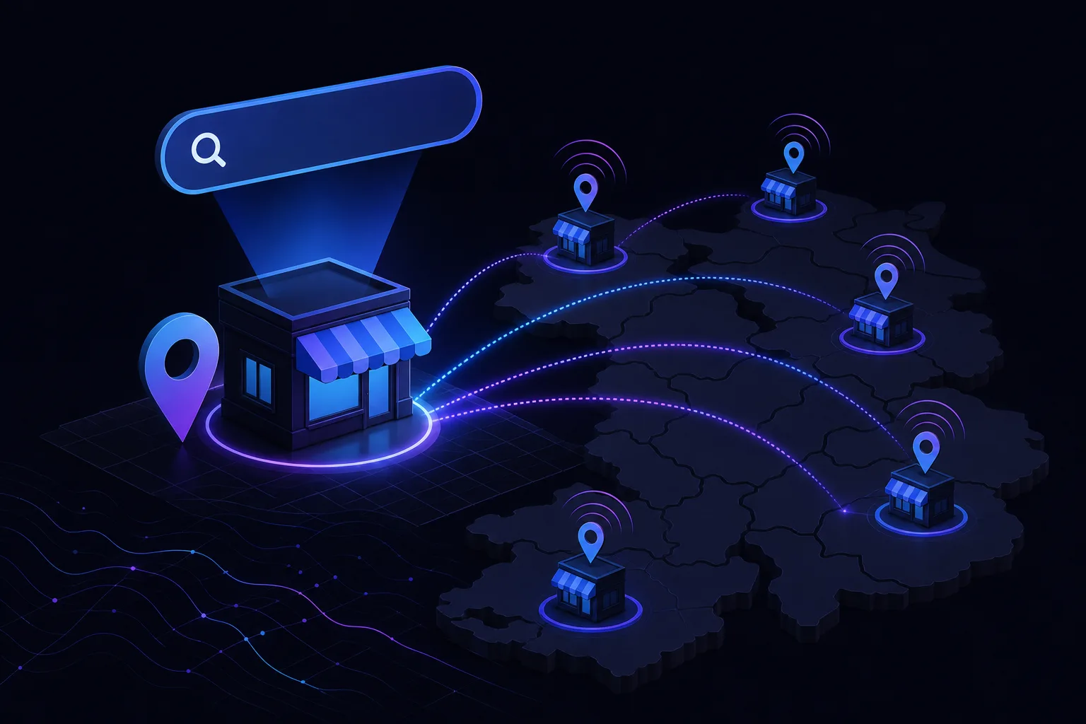 Isometric dark map showing a main store with search bar connected by glowing lines to multiple storefront locations with pins