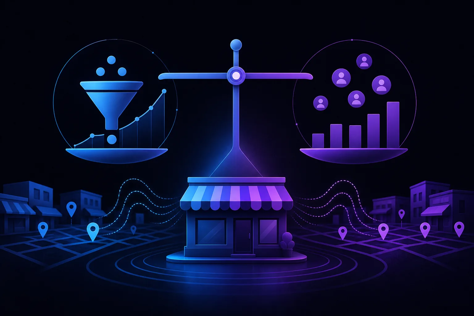 Balance scale over a storefront: left pan shows a funnel and growth chart, right pan shows user icons and bar chart, on a map grid