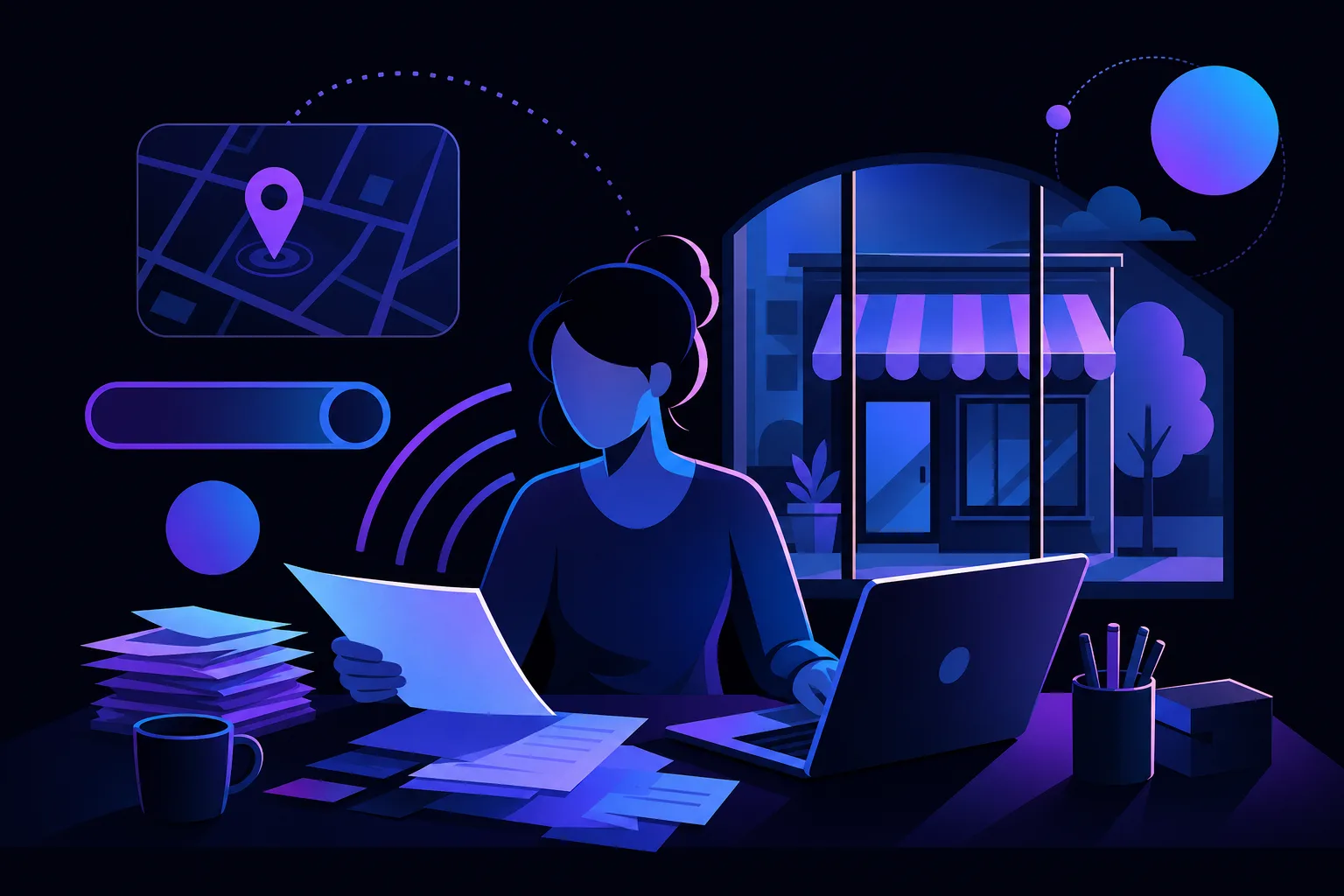 Illustrated woman at cluttered desk with laptop and papers, map pin UI, storefront visible through window, dark blue palette