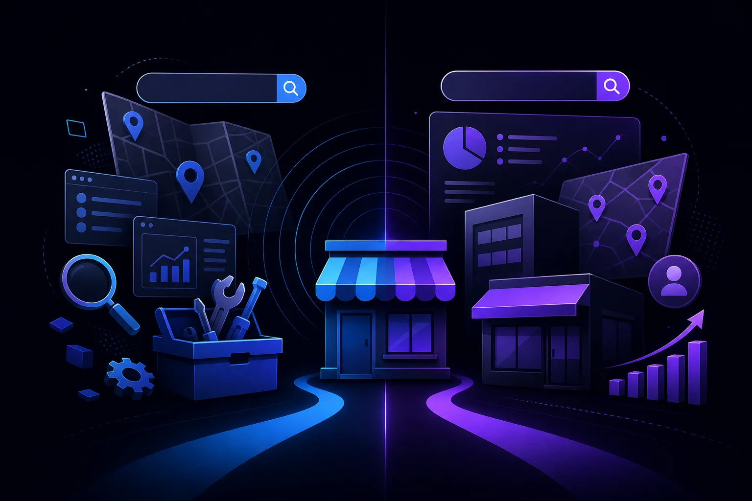 Split dark illustration: blue side shows DIY tools, maps, magnifier; purple side shows analytics, storefronts, growth chart, search bars