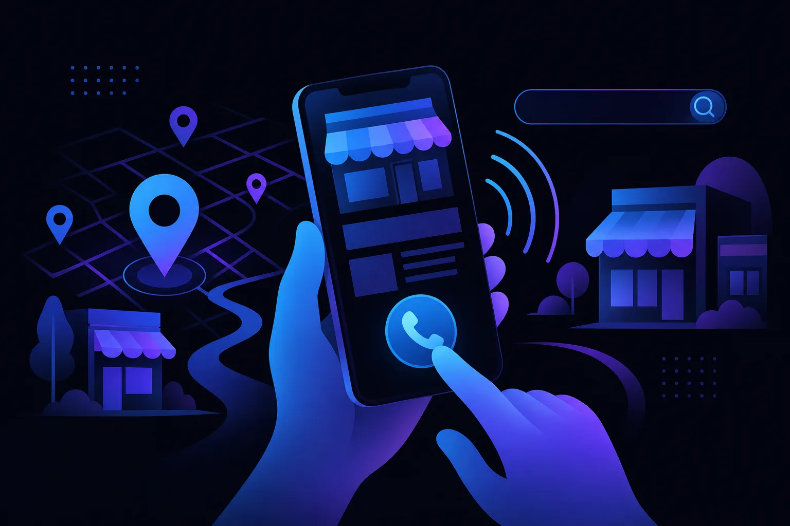 Illustrated hands holding a smartphone displaying a local business listing with a finger tapping a call button, map pins nearby.