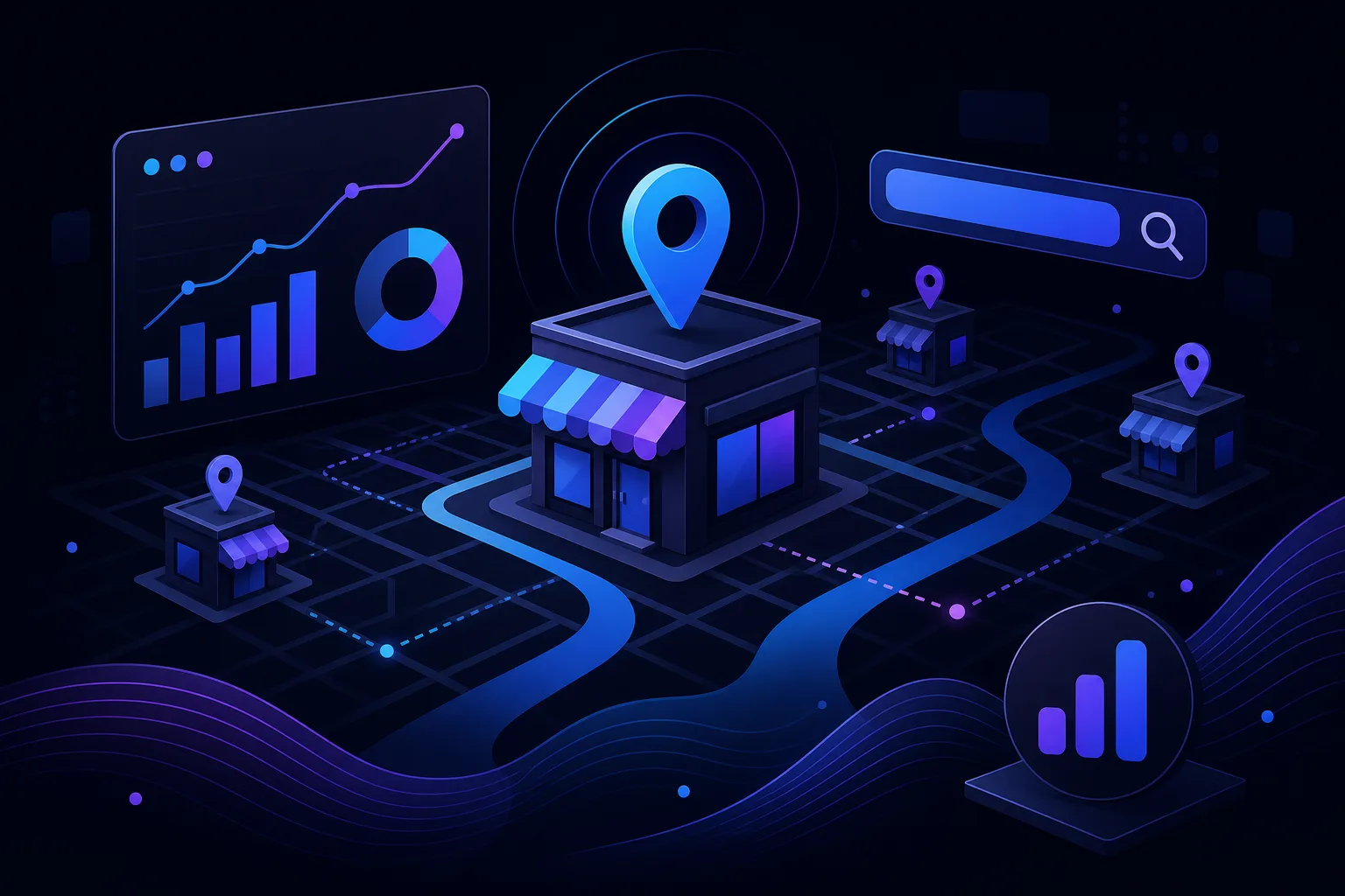 Dark-themed isometric illustration of retail stores on a map grid with location pins, analytics charts, and a search bar.