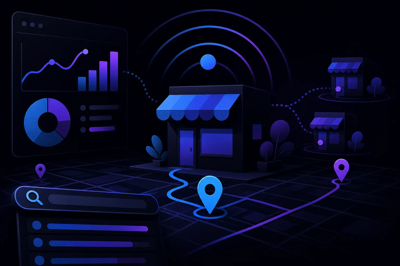 Dark-themed 3D illustration of storefronts on a map grid with location pins, search bar, and analytics dashboard charts.