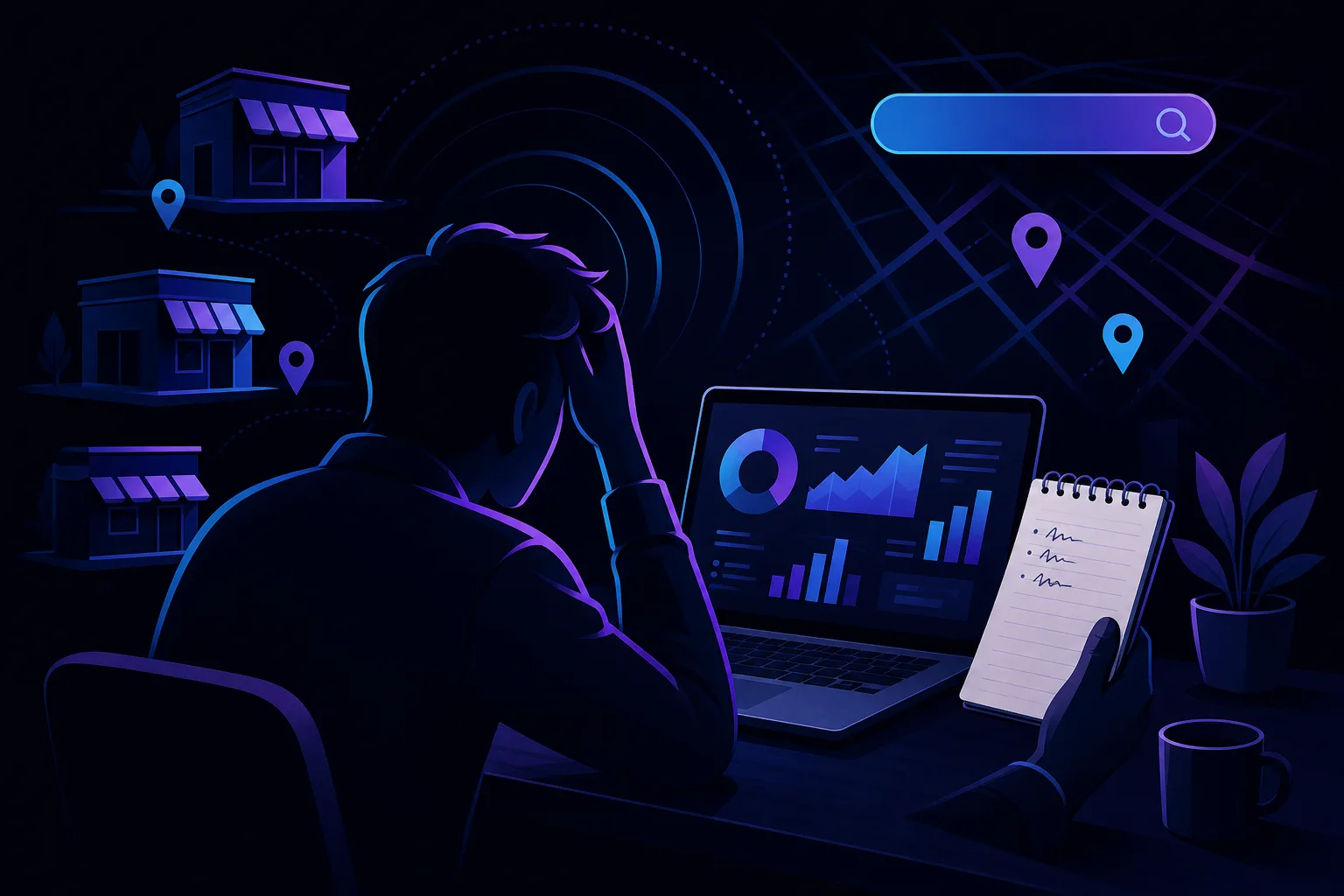 Frustrated person at desk, head in hand, viewing analytics dashboard on laptop, notepad nearby, map and store icons in background