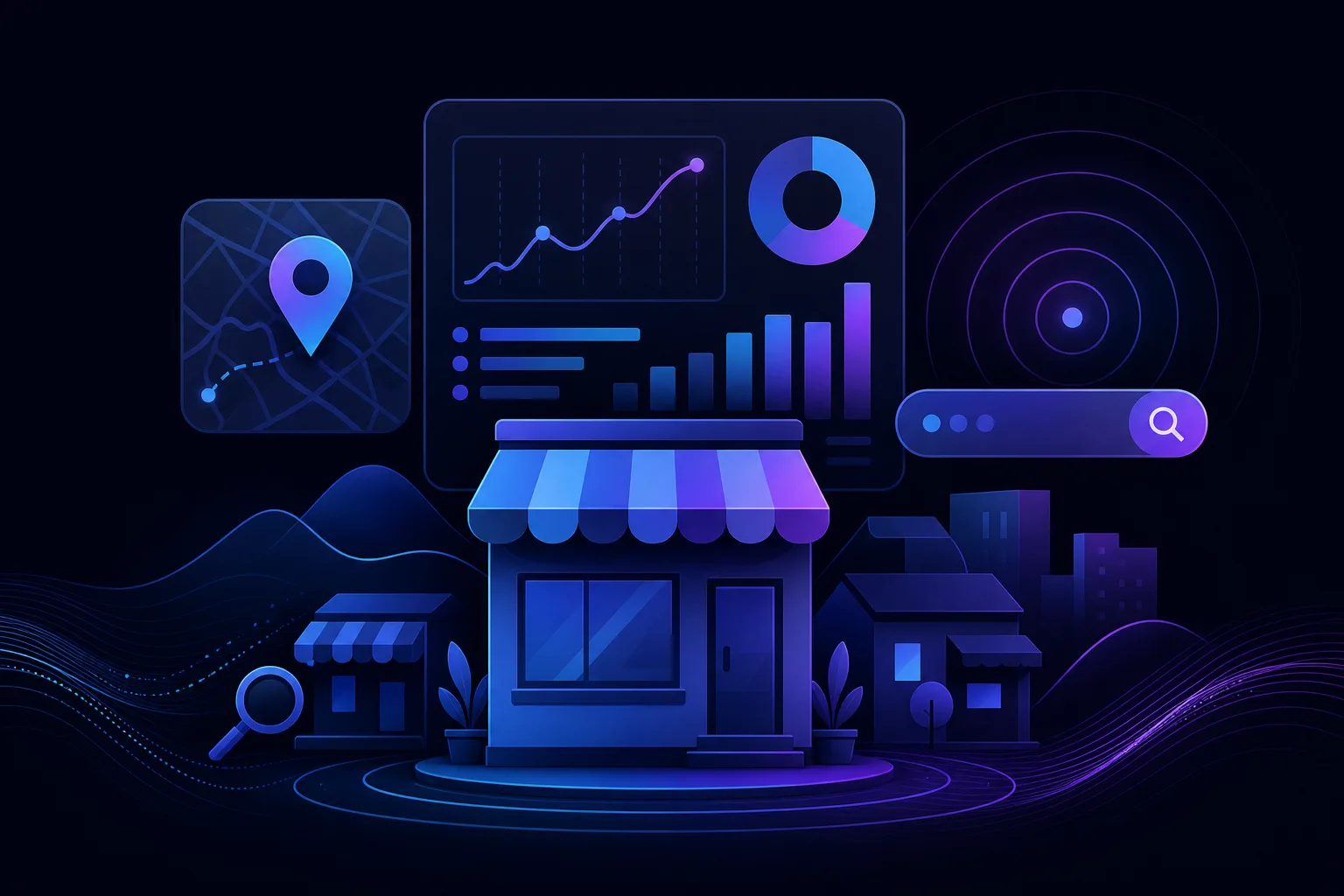 Dark-themed illustration of a retail storefront surrounded by analytics charts, map pin, search bar, and data graphs in blue-purple.