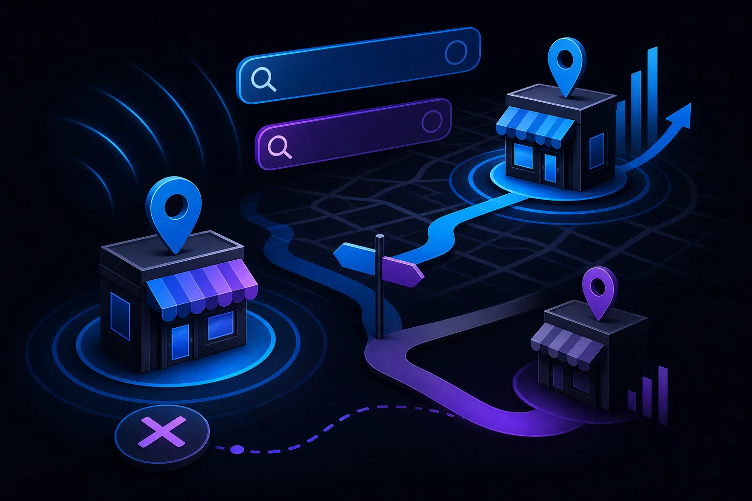 Isometric dark map with three storefronts, location pins, search bars, route paths, and a rising chart arrow.