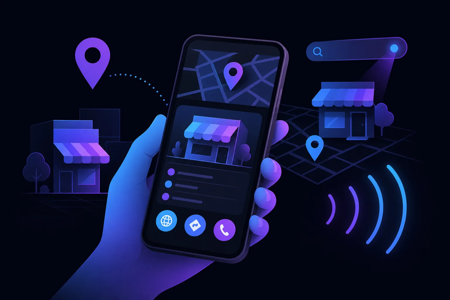 Stylized hand holding smartphone showing a map pin and store listing with globe, directions, and phone buttons; neon dark theme
