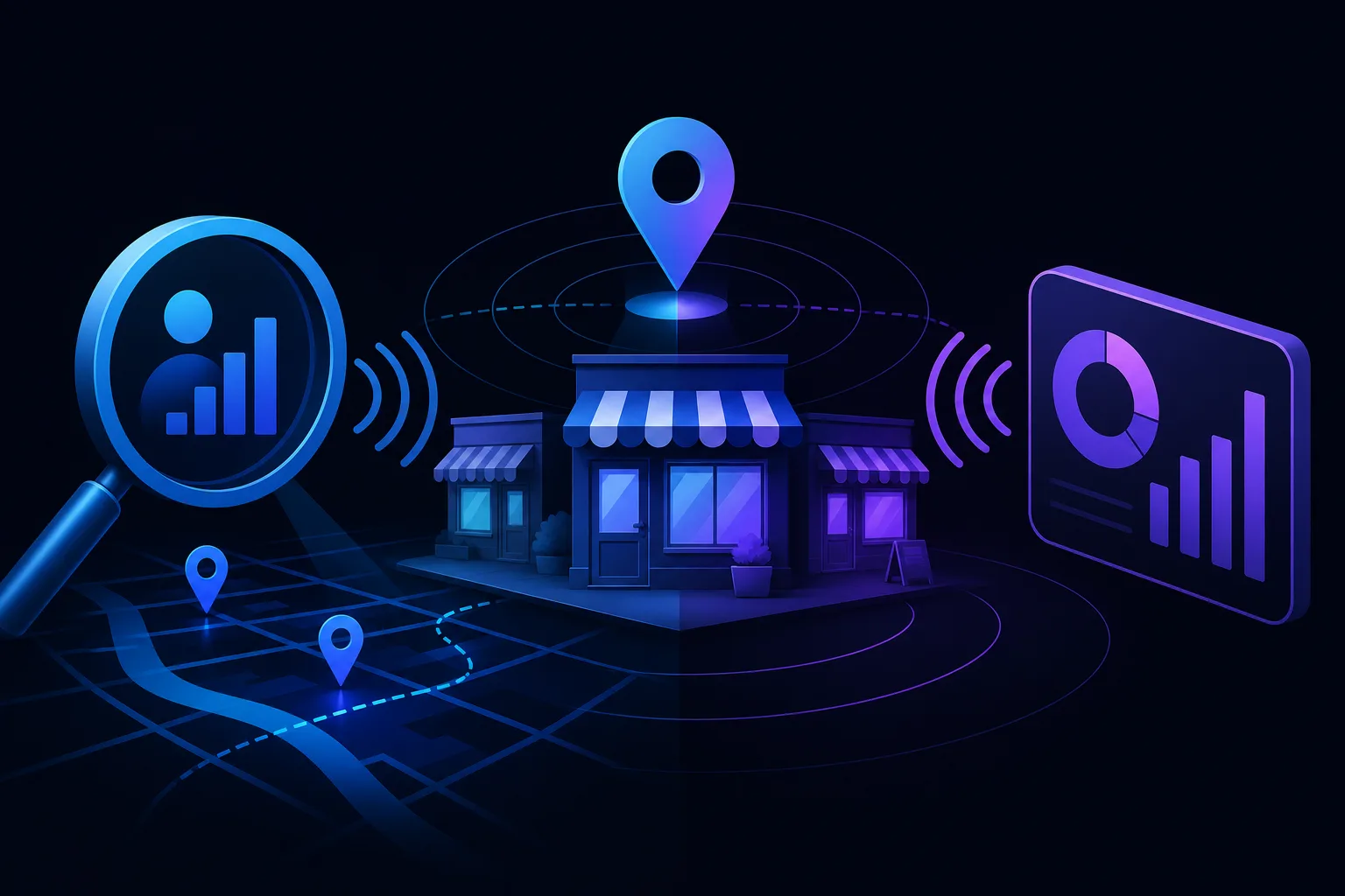 Dark-themed 3D illustration of storefronts with location pins, a magnifying glass with analytics icons, and a chart dashboard.