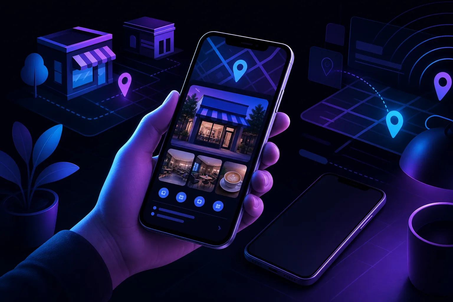 Hand holding smartphone showing café business profile with photos and map pin; second phone and store icons in dark purple background