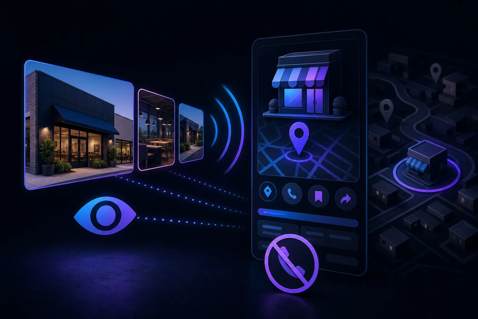 Dark-themed graphic: restaurant photos, glowing eye icon, smartphone showing map pin and store, with a crossed-out phone symbol.