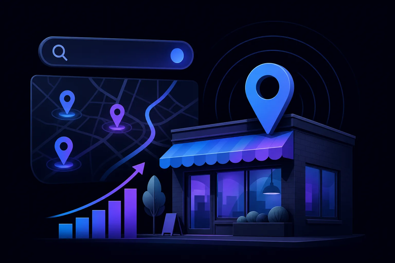 Illustration of a local storefront with map pins, search bar, and rising bar chart.
