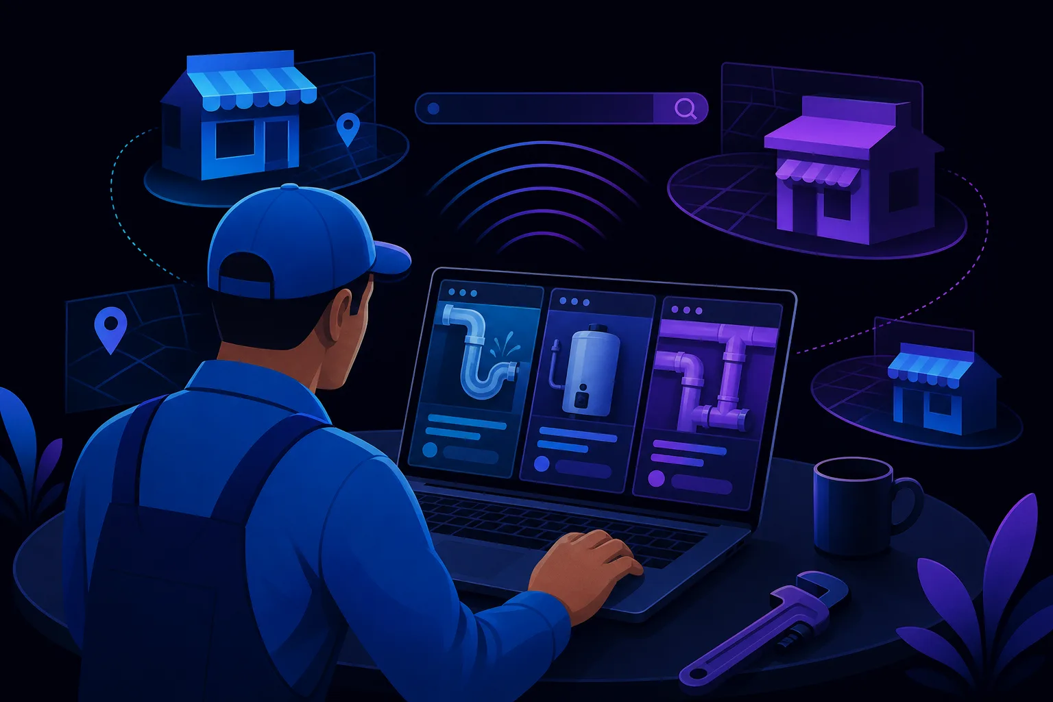 Plumber in blue uniform and cap views laptop showing plumbing service cards; wrench, coffee cup, and store icons surround him.