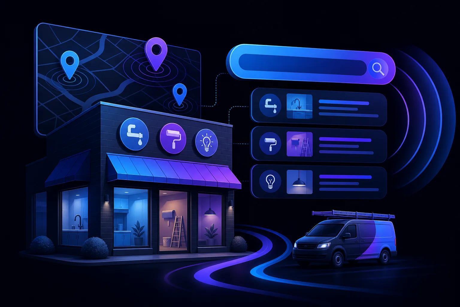 Dark-themed illustration of a multi-service shop with plumbing, painting, electrical icons, a map, search bar, and service van.