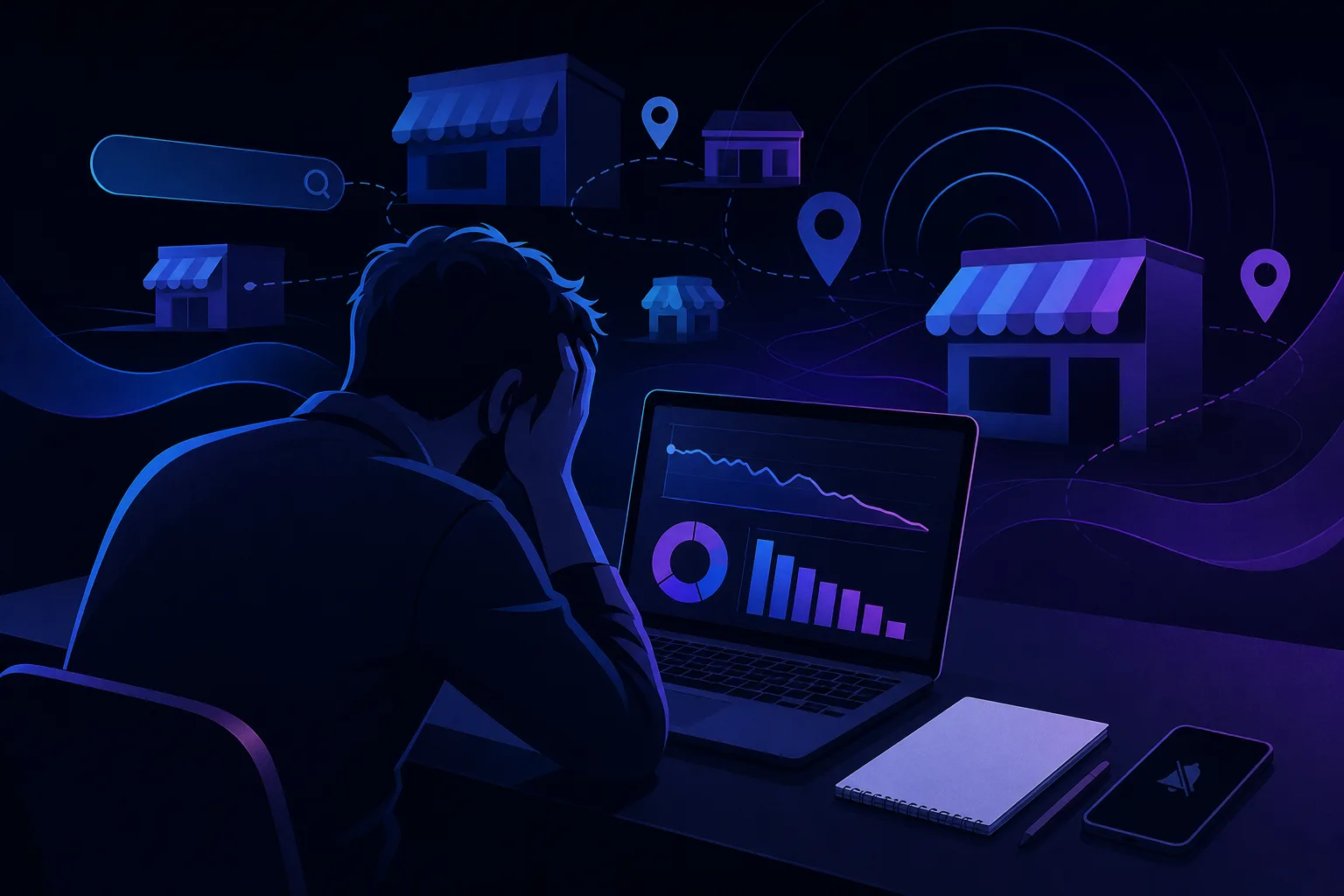Frustrated person slumped at desk viewing declining charts on laptop, surrounded by local business and map pin icons